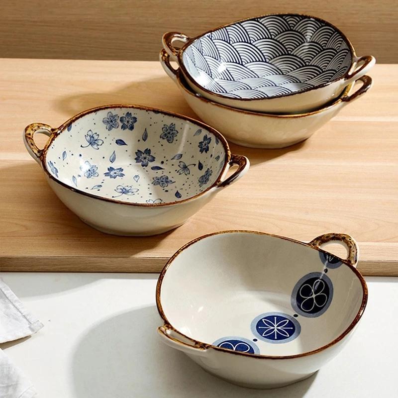 700ml Ceramic Salad Bowl With Handle Kitchen Soup Noodle Bowl Pasta Fruit Bowls Japanese Tableware Microwave Oven Bakware Pan