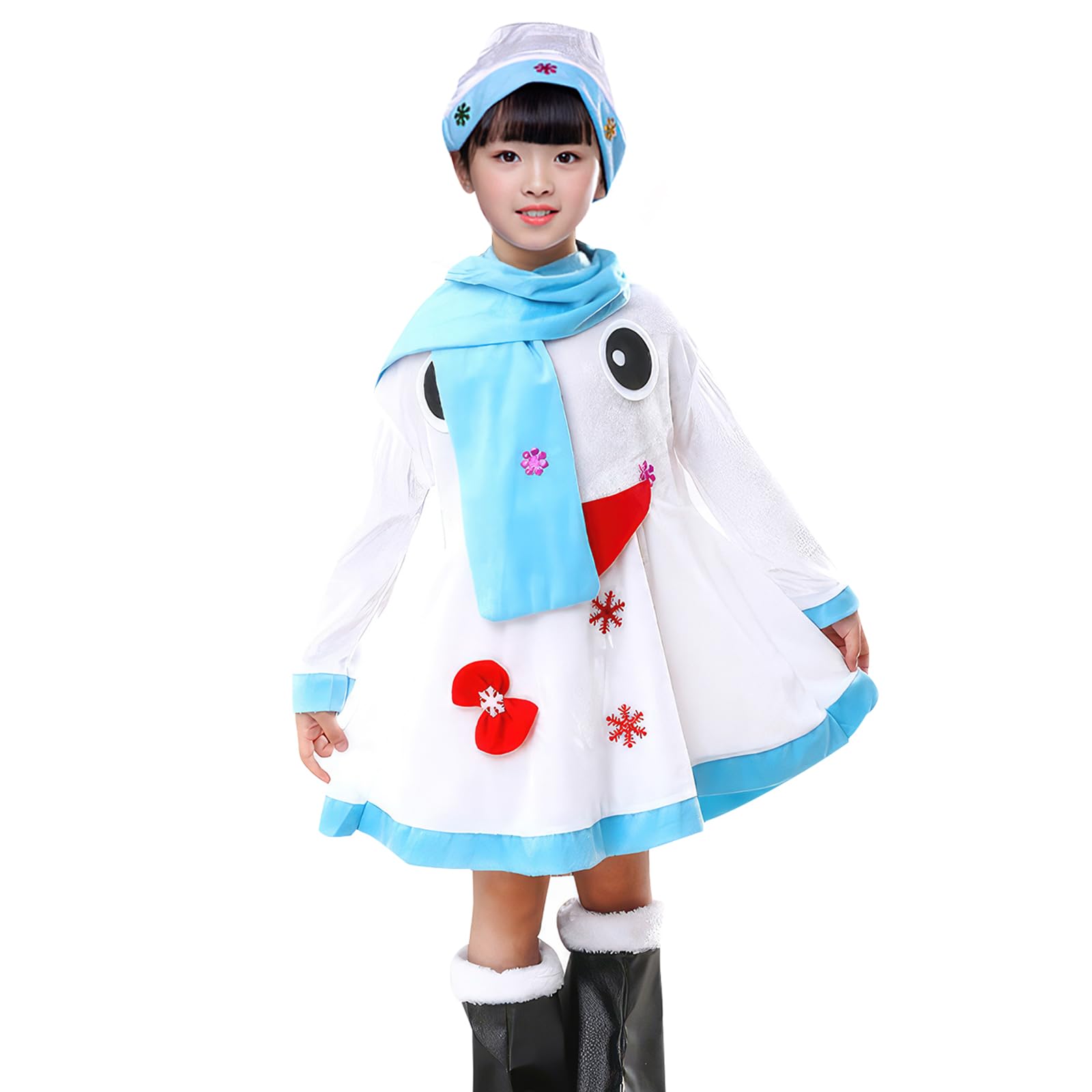 Mprocen Snowman Cosplay Costume for Kids, Christmas, Santa Costume with Dress and Scarf, Perfect for Christmas or Stage Performances (120cm)
