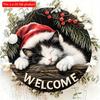 2d Düz Noel Hoş Geldin İşareti - 20x20 Cm, Ahşap Yuvarlak Asılı Süsleme Uyuyan Kedi Tasarımı ile, Çelenk Aksanları için Mükemmel, Yeni