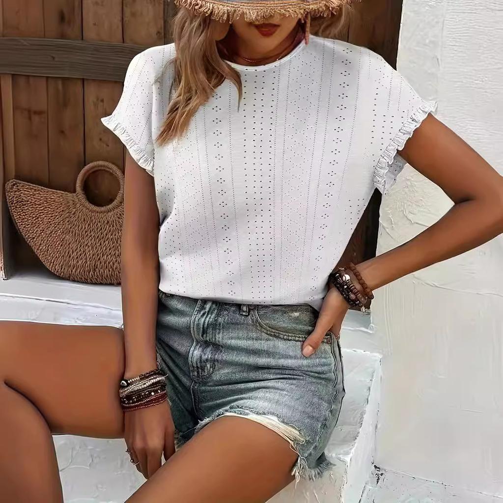 Camiseta informal de primavera y verano para mujer con volantes, ojales, color liso, cuello redondo y mangas murciélago