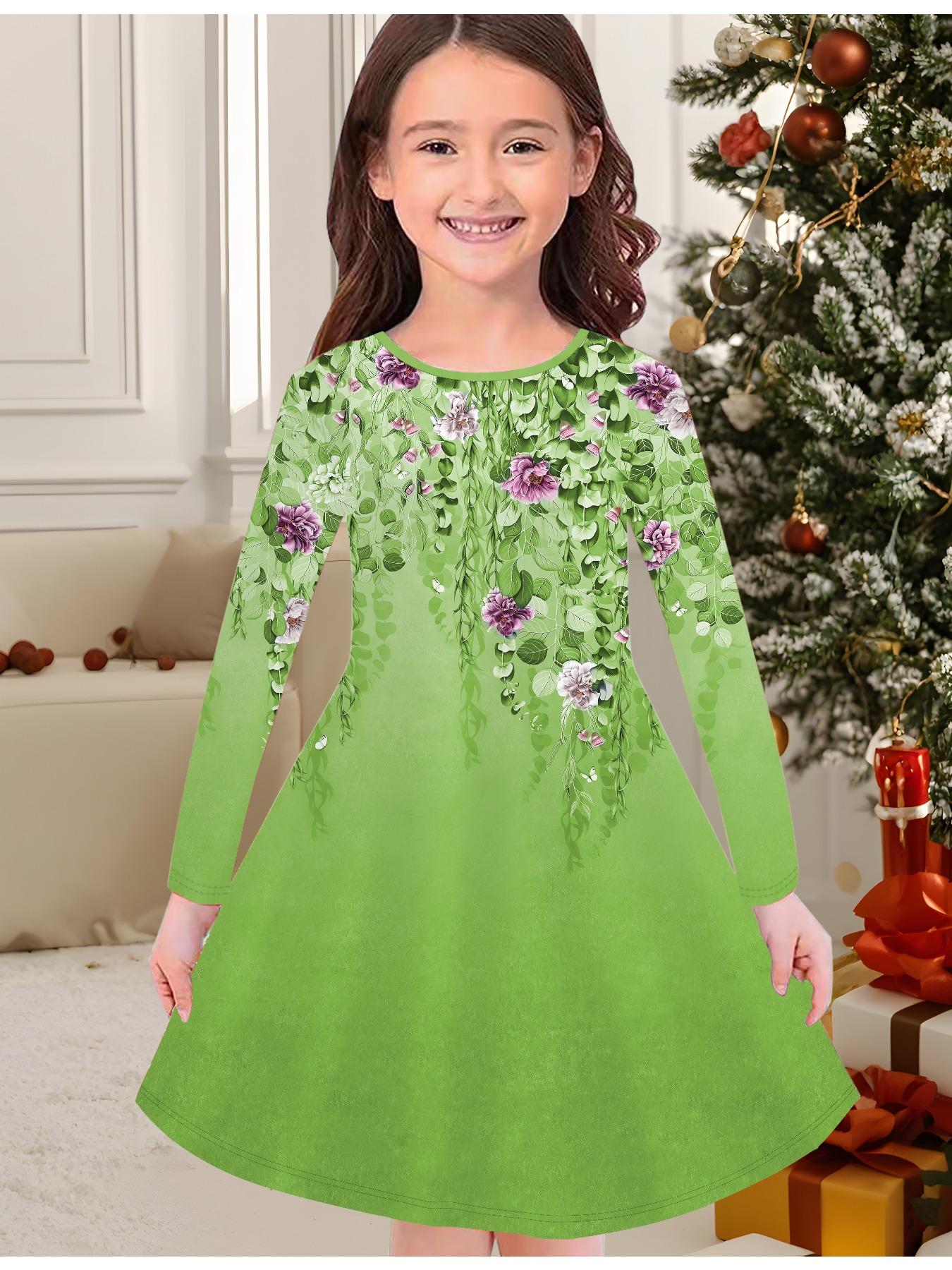 

Модное осенне-зимнее платье для девочек, платье-футболка с длинным рукавом и круглым вырезом, с 3D цветочным принтом, повседневное, универсальное, рождественская одежда 170