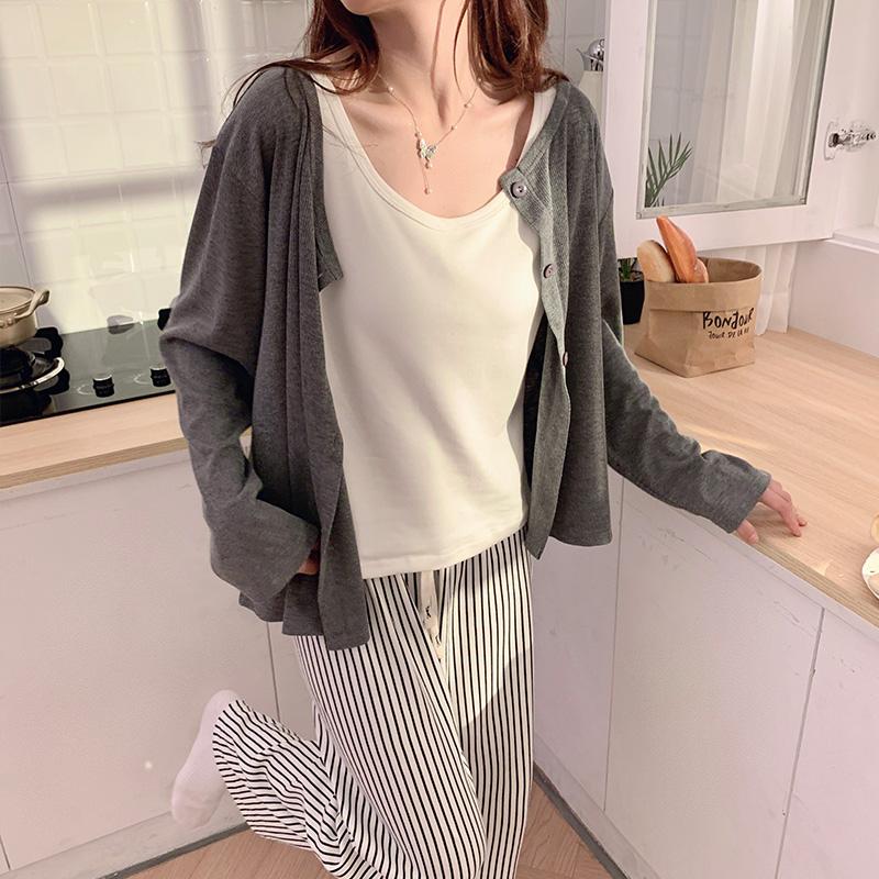 

Женский пижамный комплект из 3 предметов, женский халат с милым полосатым принтом, верхняя часть, брюки, домашняя одежда, повседневная, на шнурке, корейский шик, элегантная одежда для сна XXL