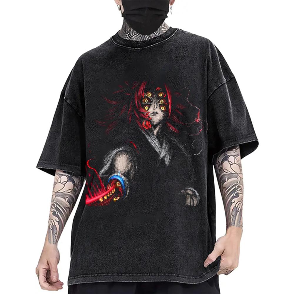 Anime Demon Slayer Kokushibo T-shirt for Men Clothing Tops Vintage Washed Cotton T Shirt Oversized Short Sleeve Graphic Tees