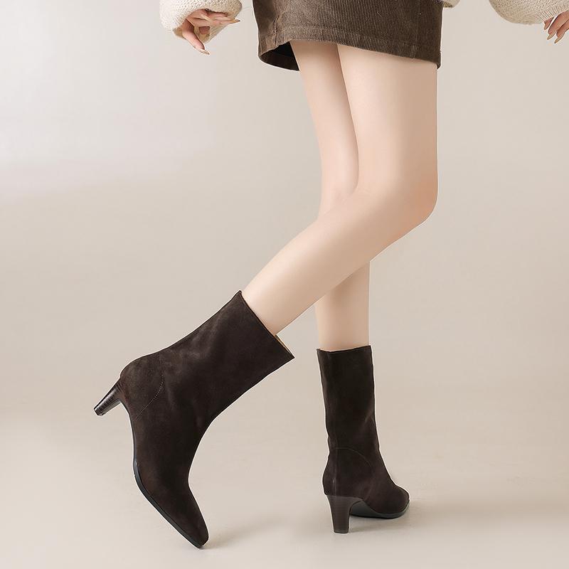 Fashion 2025 NEW Autumn Women Boots Square Toe Cow Suede Women Shoes Spike Heel High Heel Mordern Boots Daily Shoes Mid-calf Boots