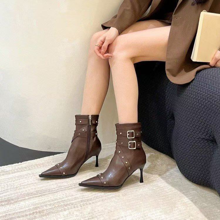 Rivet belt buckle pointed high-heeled short boots women's 2025 autumn new fashionable versatile soft leather single boots