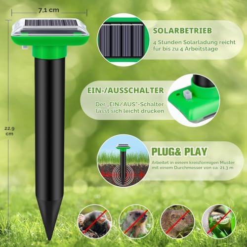 4 Pack Solar Mole Repellent Outdoor Waterproof Ultrasonic Animal Deterrent for Yard Lawn Garden Black