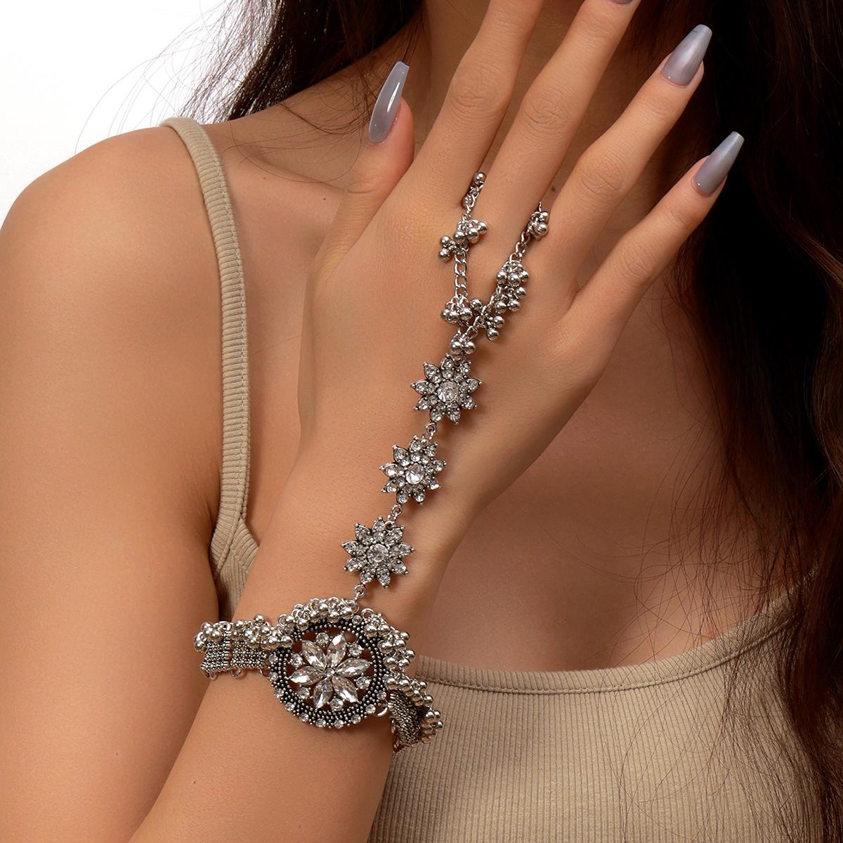 

European-American Retro Ethnic Bell Ring Bracelet with Diamante-Inlaid Metal Design for Women