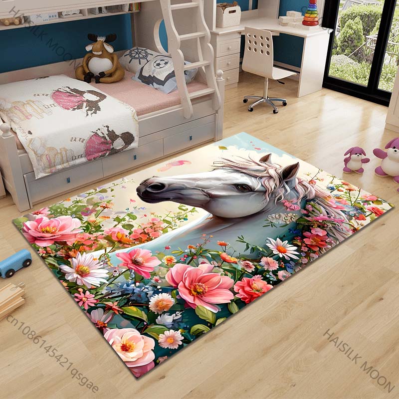 

1PC Horse with blooming floral garland Carpet for Living Room Bedroom Sofa Home Decor Rus Non-slip Floor Mat Luxury Gift 40cm x 60cm