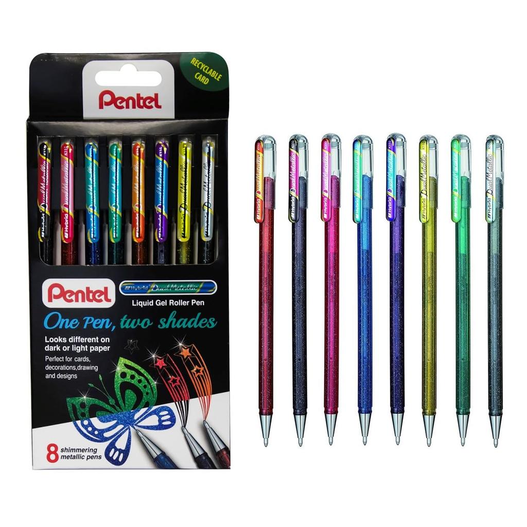 Pentel Hybrid Dual Metallic Liquid Gel Roller Pen Sparkling Metallic Colors YK110/8-M - 8-Pack,
