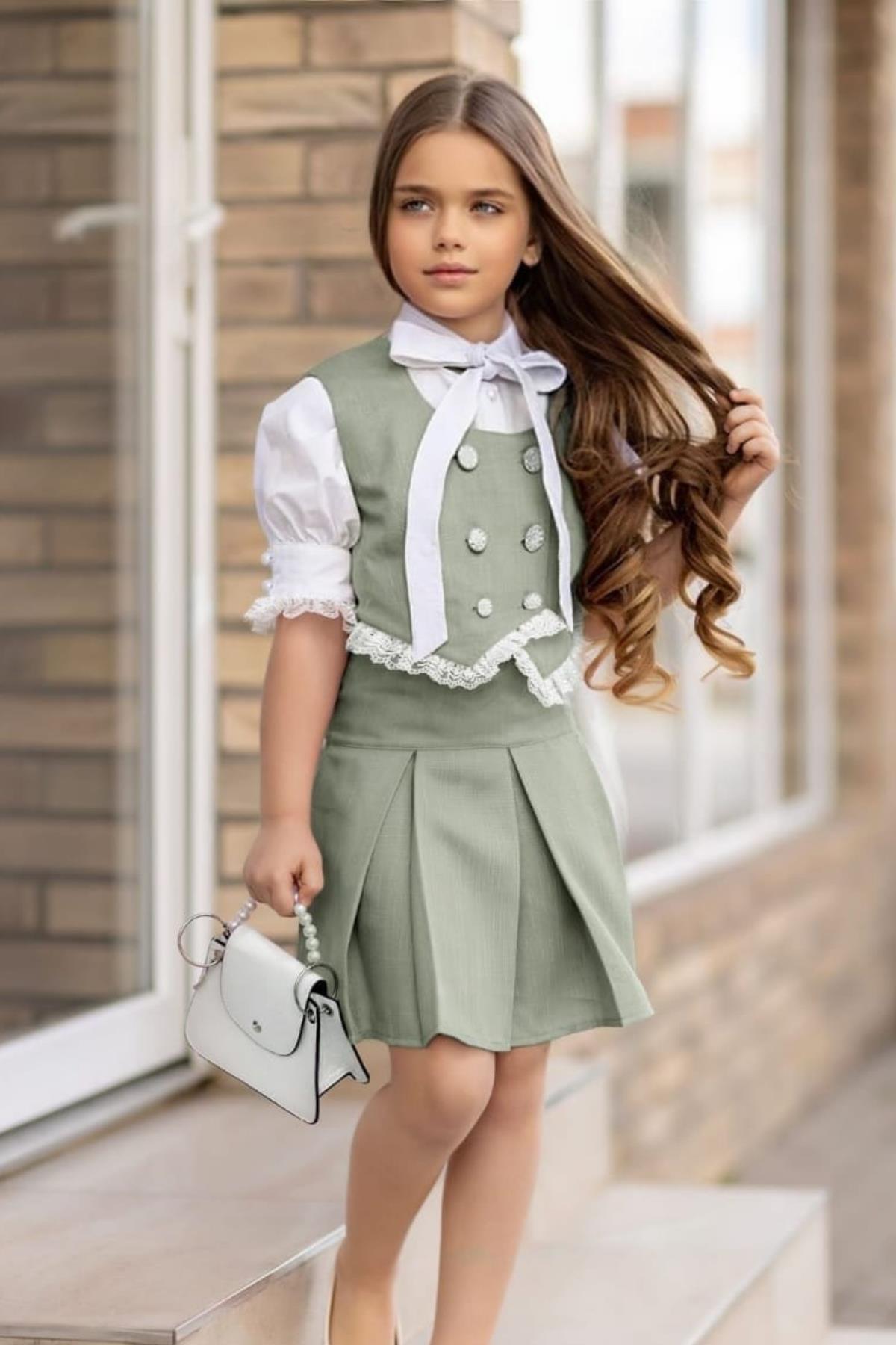 

Жилет на пуговицах с кружевной вышивкой для девочек, рубашка с короткими рукавами и воротником, зеленая юбка, костюм для детей 3-12 лет