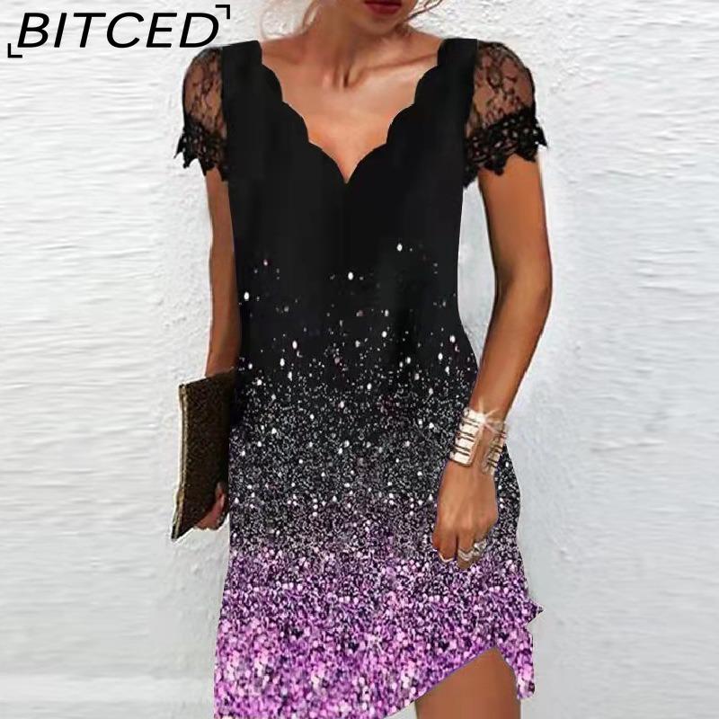BITCED Spring/Summer Women s Wear Printed Wave-Pattern V-Neck Lace-Panel Short-Sleeved Dress XXXXXL