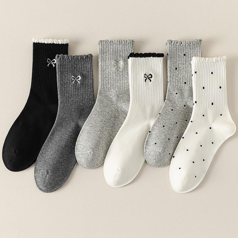 Polka Dot Bow Socks Pure Cotton Medium Tube Socks Season Lace Cotton Deodorant Stacking Socks Women