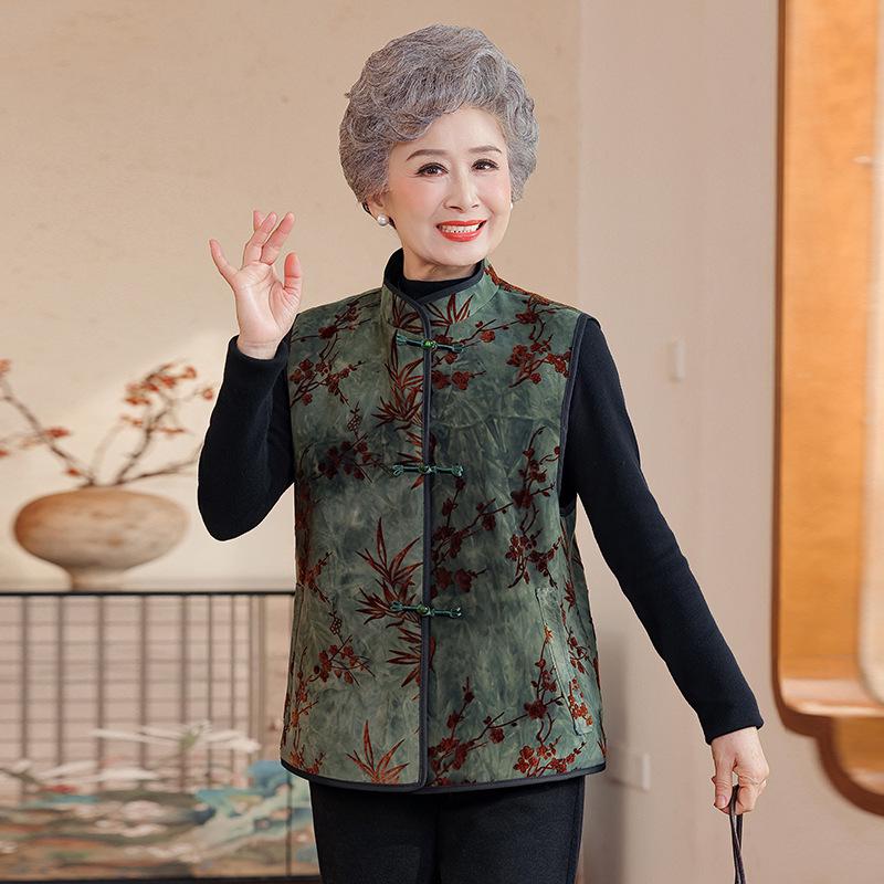 2025 Winter Faux Fur Vest: Chinese-Style Frog Button, Thickened for Elderly Women L (up to 105 lbs)