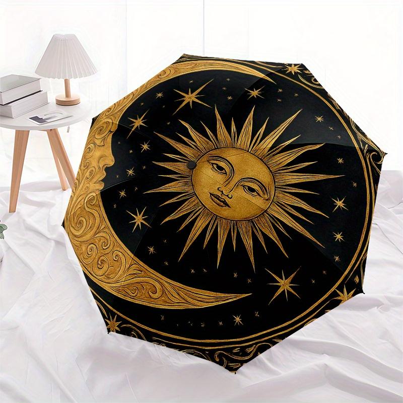 Goldener Himmelsmond und Sonne DekorSchirm, Tragbarer 3-Fach Kompakter Regenschirm, Weihnachtsgeschenk ES384