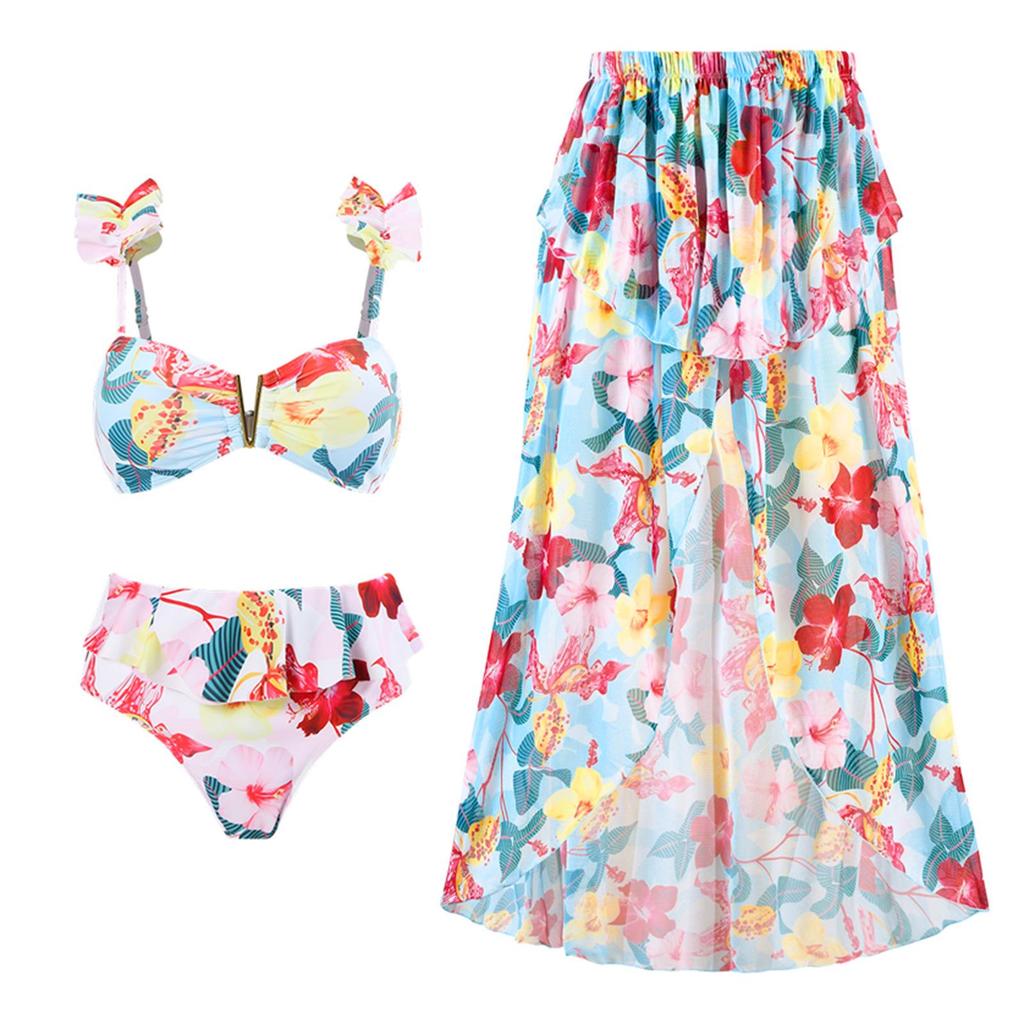 2023 European & American Split Conservative Swimsuit with V Iron Mesh Wrap Skirt Set