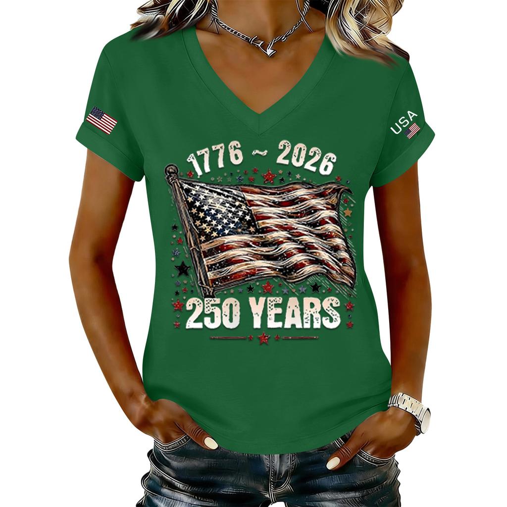 Modisches Damen-T-Shirt mit V-Ausschnitt, lässig, im Retro-Print, kurzärmelig