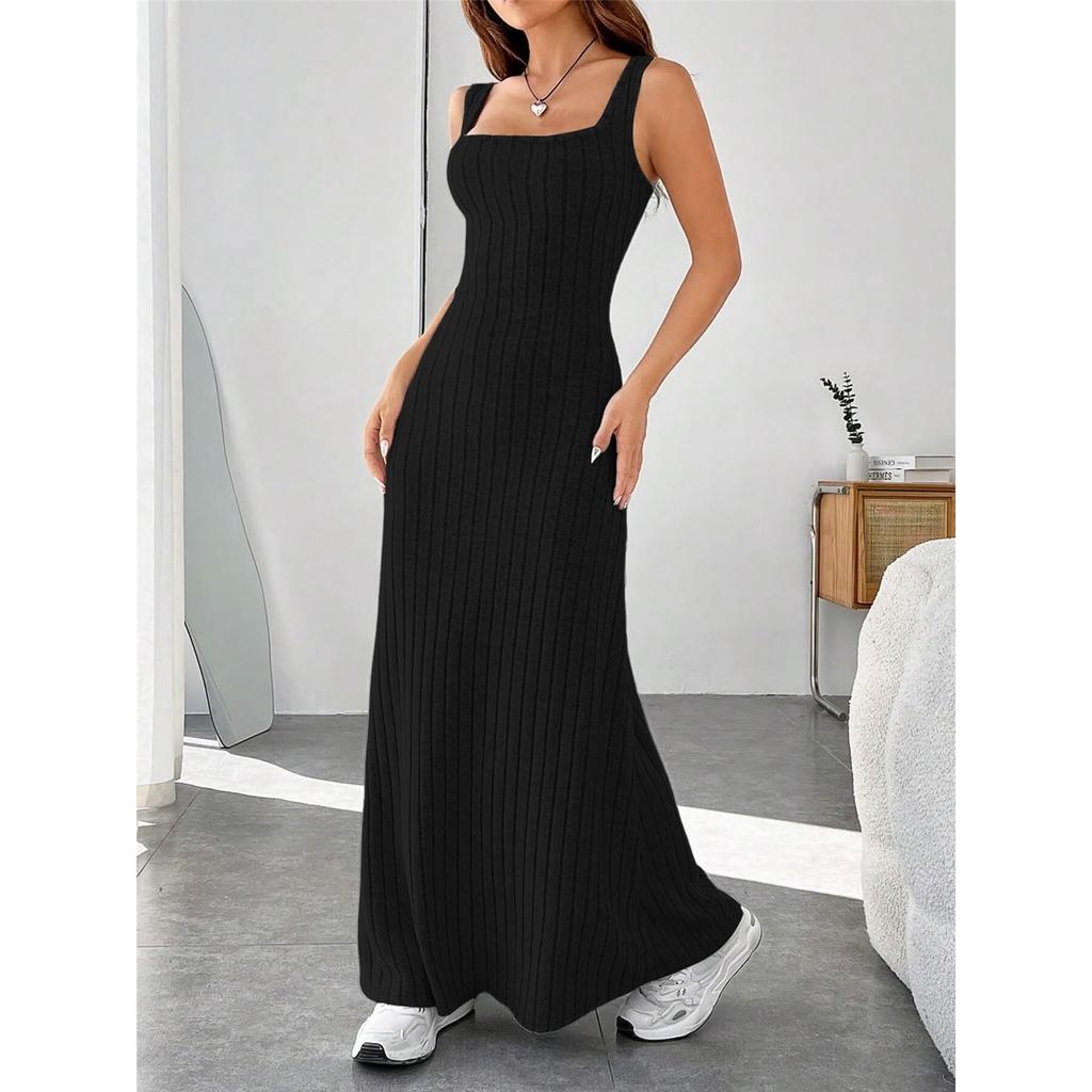 Damen Sommer einfarbig Rippstrick pelziges Träger lässiges Westenkleid
