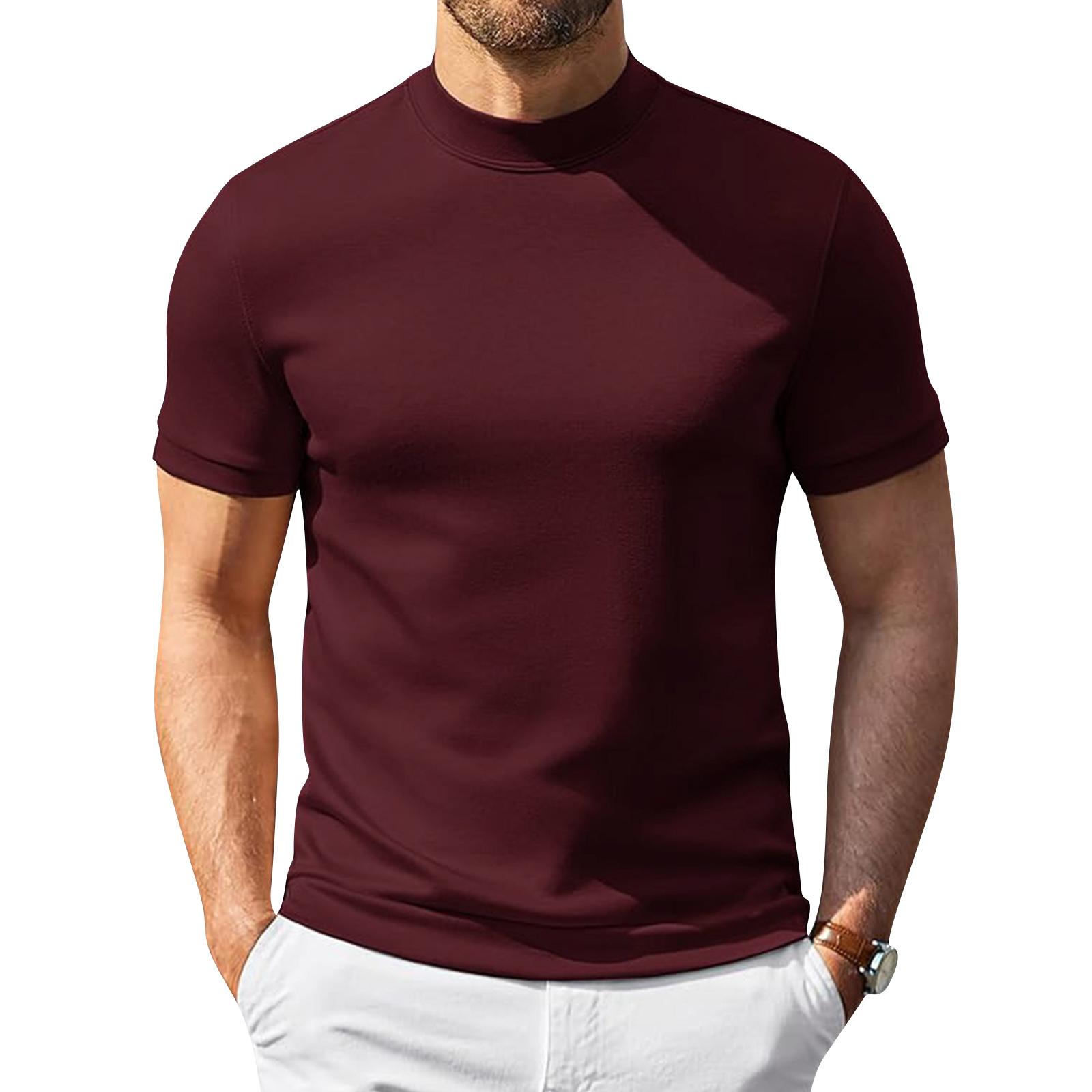 Heima C Heren Korte Mouw Turtleneck T-shirt Lichtgewicht Ademend Stretch Pasvorm Basislaag Top voor Casual en Actieve Kleding L wijn