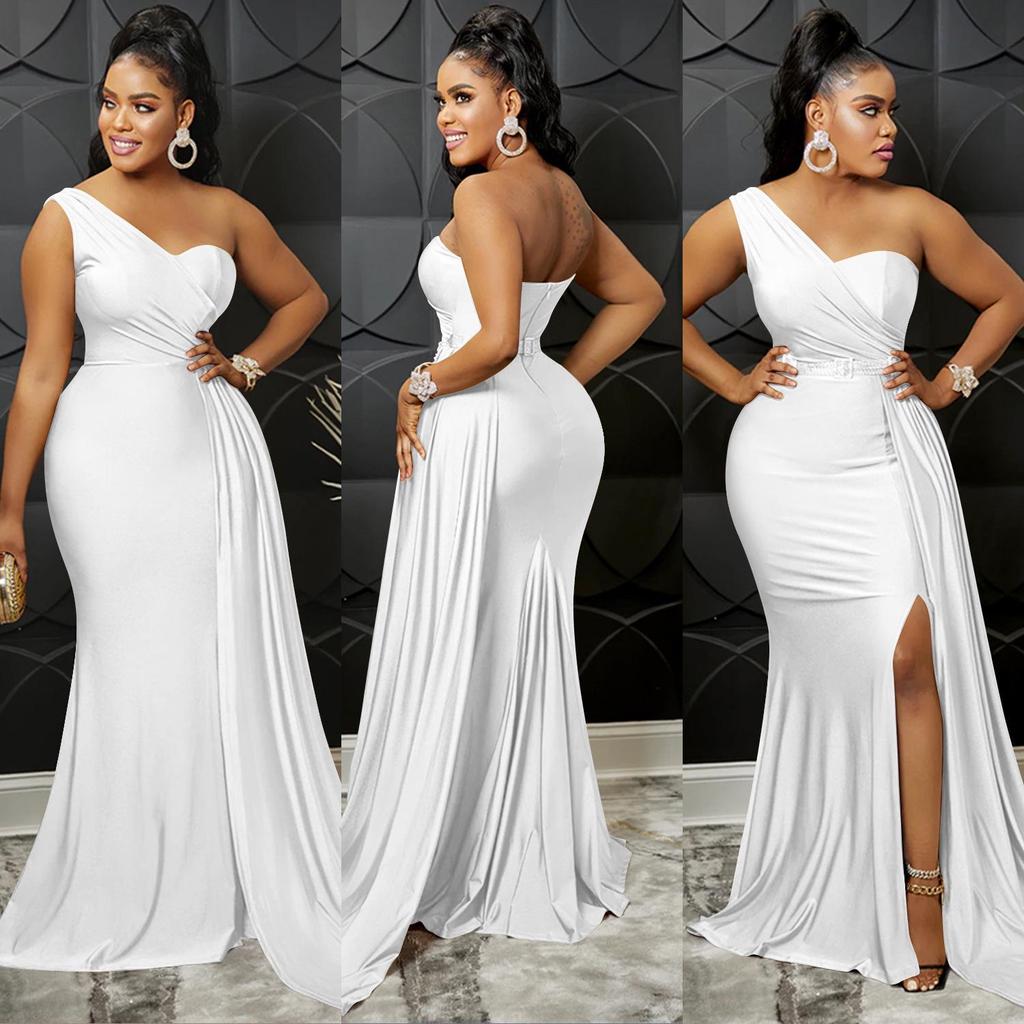 Elegant Solid Color One-Shoulder Party Dress