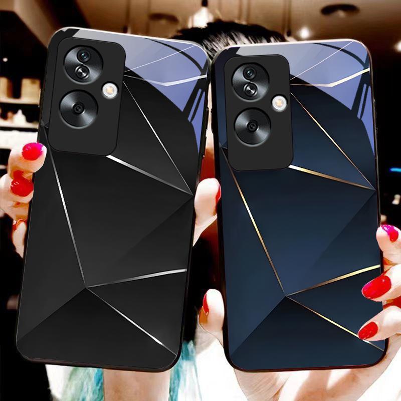 Geometric Prism For Oppo A79 5G 58 78 74 60 4G Reno 11F Realme GT 6 11 Note 50 10 C55 X2 Tempered Glass Black Phone Case