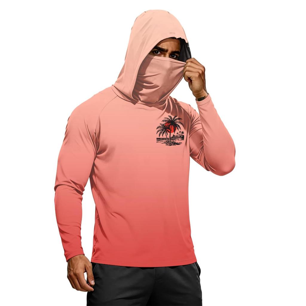 Men’s Long Sleeve Hooded Sun T Shirt with Tree Print Lightweight 50 Plus Quick Dry Athletic Top for Outdoor Sports