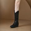 Women's Black Thick Heel Riding Boots Mid-calf Winter Pointed Toe Fashionable Cowboy Boots
