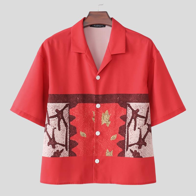 INCERUN Oversized Men Lapel Neck Short Sleeve Buttons Up Print Casual Summer Shirts M