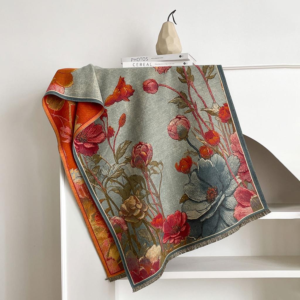 NEW Luxury Winter Cashmere Oil Painting Magnolia Design Scarf Women Warm Pashmina Blanket Poncho Scarves Female Elegance Shawl