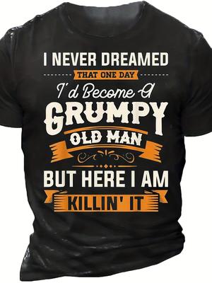 Vintage Style Men's T-Shirt - Crew Neck Tee with "Old for Man" Letter Print - Casual Short Sleeve Graphic Top