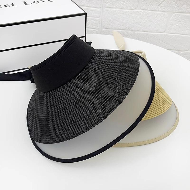 Sunscreen hat women's summer empty top hat straw braided splicing bow sunshade purple line travel no top sun hat
