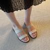 Retro elegant style one-word cool slippers summer new mid-heel wear sandals open-toed thick-heeled slippers beach shoes