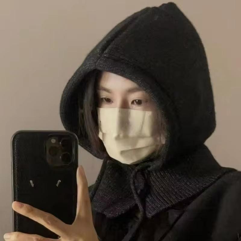 Winter Balaclava Hats For Women Unisex Knitted Hooded Caps Outdoor Warmer Drawstring Hat One-Piece Neck Collar Beanies Caps