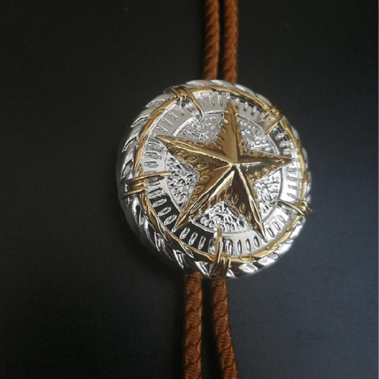 Men and Women Fashion Accessory Leather Cord Bolo Tie with Distinctive Metal Star Badge Pendant Western Necktie Necklace
