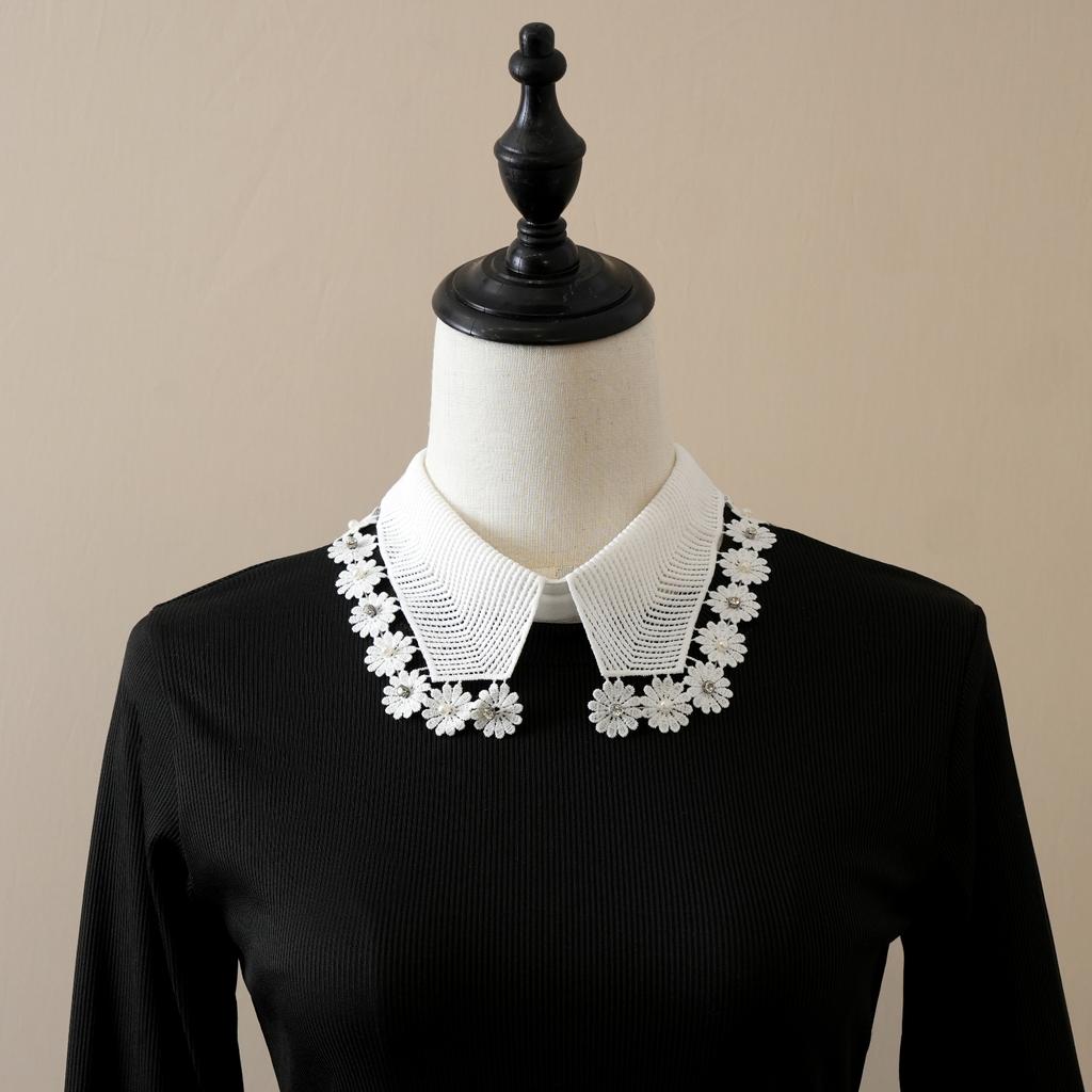 1pz Collo Falso Staccabile - Pizzo Ricamato + Perline + Bottoni Vintage, Accessorio di Moda per Tutte le Stagioni per Top/B