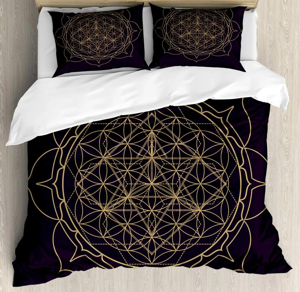 Flower of Life Duvet Cover Dark Blue with Geometry Print Quilt Cover for Children Teens Adults for Bedroom Decoration Queen Size