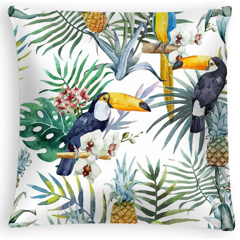 Plant Leaf Pillowcase Tropical Leaves Flowers and Birds Printed Peach Leather Velvet Fabric Sofa Bedroom Pillowcase