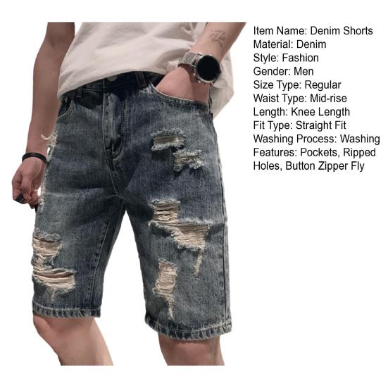 Sommer Ripped Holes Denim Shorts Mittelhohe Taschen Reißverschluss Knopfleiste Gerades Bein Knielange Herren Kurze Jeans Streetwear