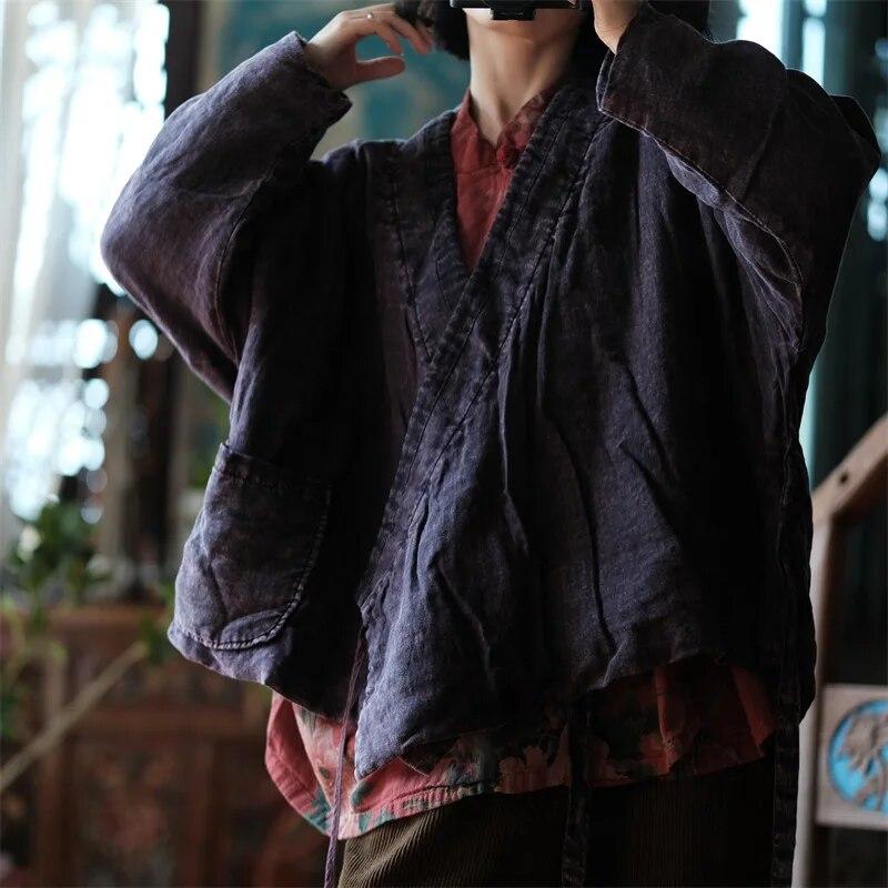 Johnature Women Vintage Belt V-Neck Parkas Long Sleeve Plus Cotton Coats Winter Dark Purple Women Linen Parkas