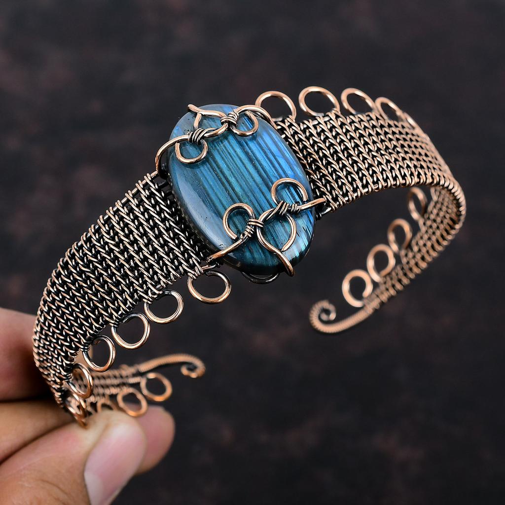 Labradorit Kupferdraht umwickeltes Armspangenarmband Verstellbarer Armreif Edelstein-Armspange Kupferdrahtschmuck Handgemachter Armreif Jubiläumsgeschenke