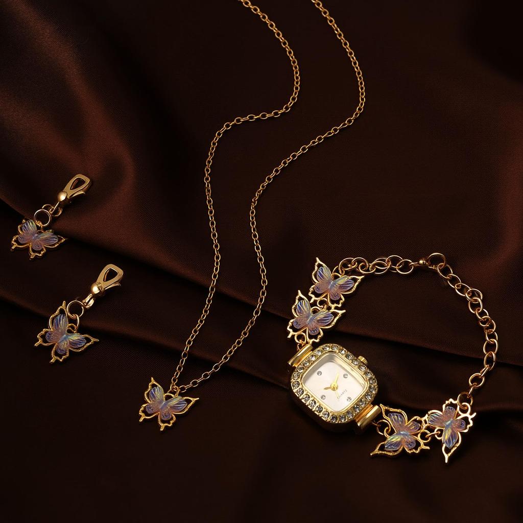 Women's Butterfly Watch Earrings Necklace Cute Stylish Waterproof Analog Quartz Watch Fashion Accessory for Women - Birthday Anniversary Mother's