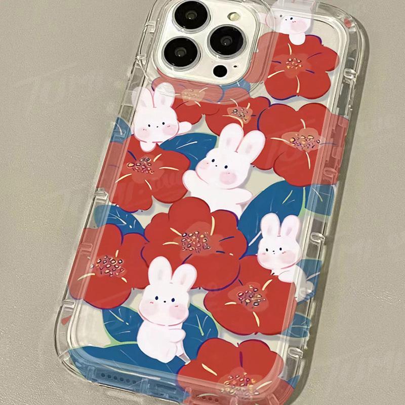 Cute Rabbit Colorful Flower Case for iPhone 17 16 15 14 13 12 11 Pro Max XR XS X 8 7  Shockproof Transparent Cover