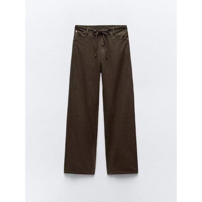 Za2024 Summer New Product Women's Clothes Vacation Style Drawstring Pocket Decoration Straight-leg Casual Drape Pants 6929021