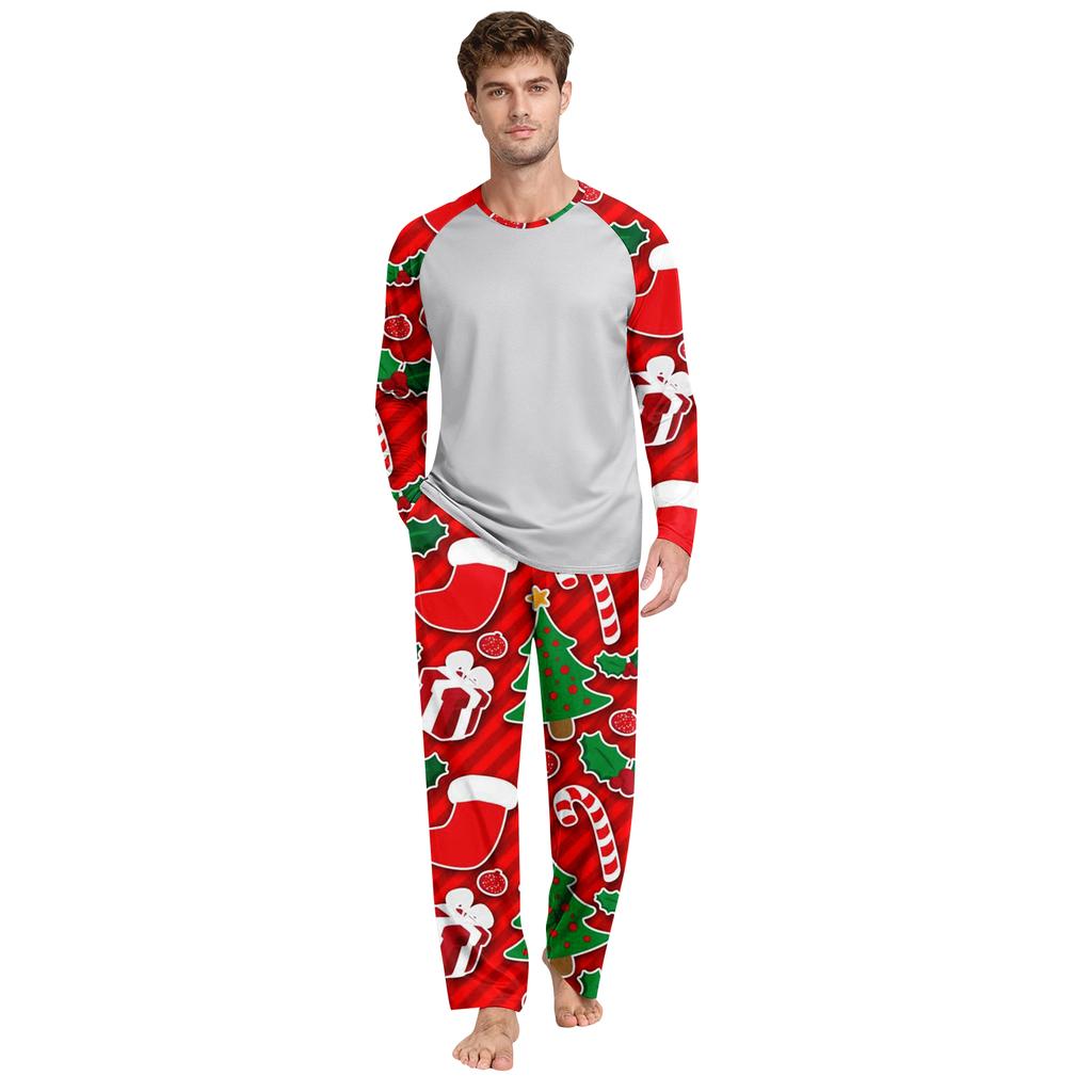 Men's Printed Round Neck Top Casual Comfortable Long-Sleeved Pants Pajama Set