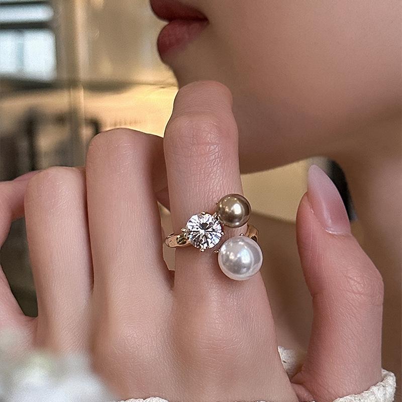 French zircon irregular pearl open ring simple fashion index finger ring temperament jewelry women