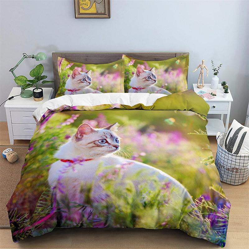 3D Cat Print Duvet Cover - Luxury Funny Animal Design, Floral Theme, for Kids, Girls & Boys Room Decor