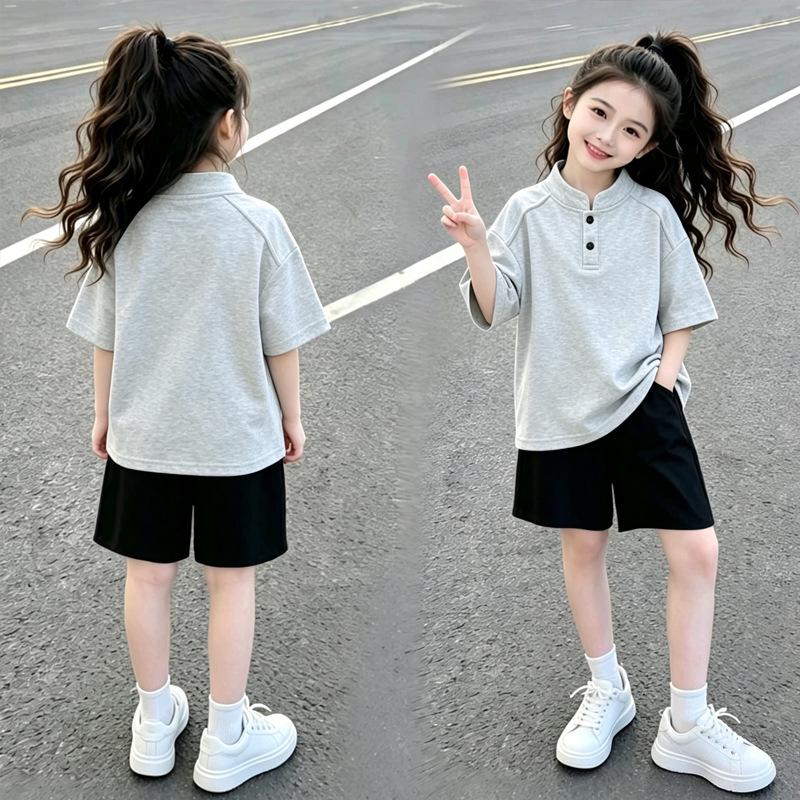Girls' Cotton Polo T-Shirt Set: Short-Sleeve, Stand-Up Collar, Summer Fashion for Medium & Large Children
