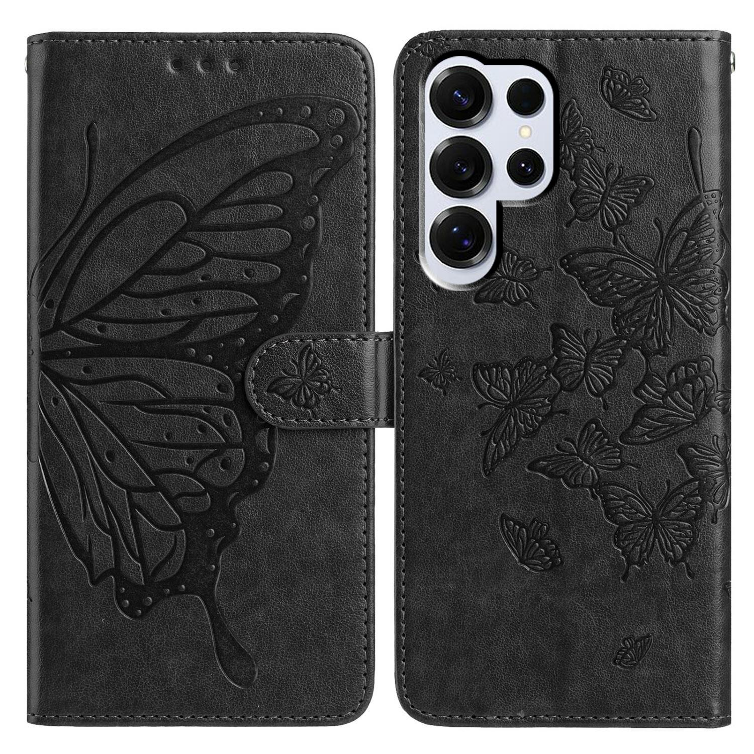 

For Samsung Galaxy S25 Ultra Case Butterfly Imprinted Wallet Stand PU Leather Flip Phone Cover with Strap Black