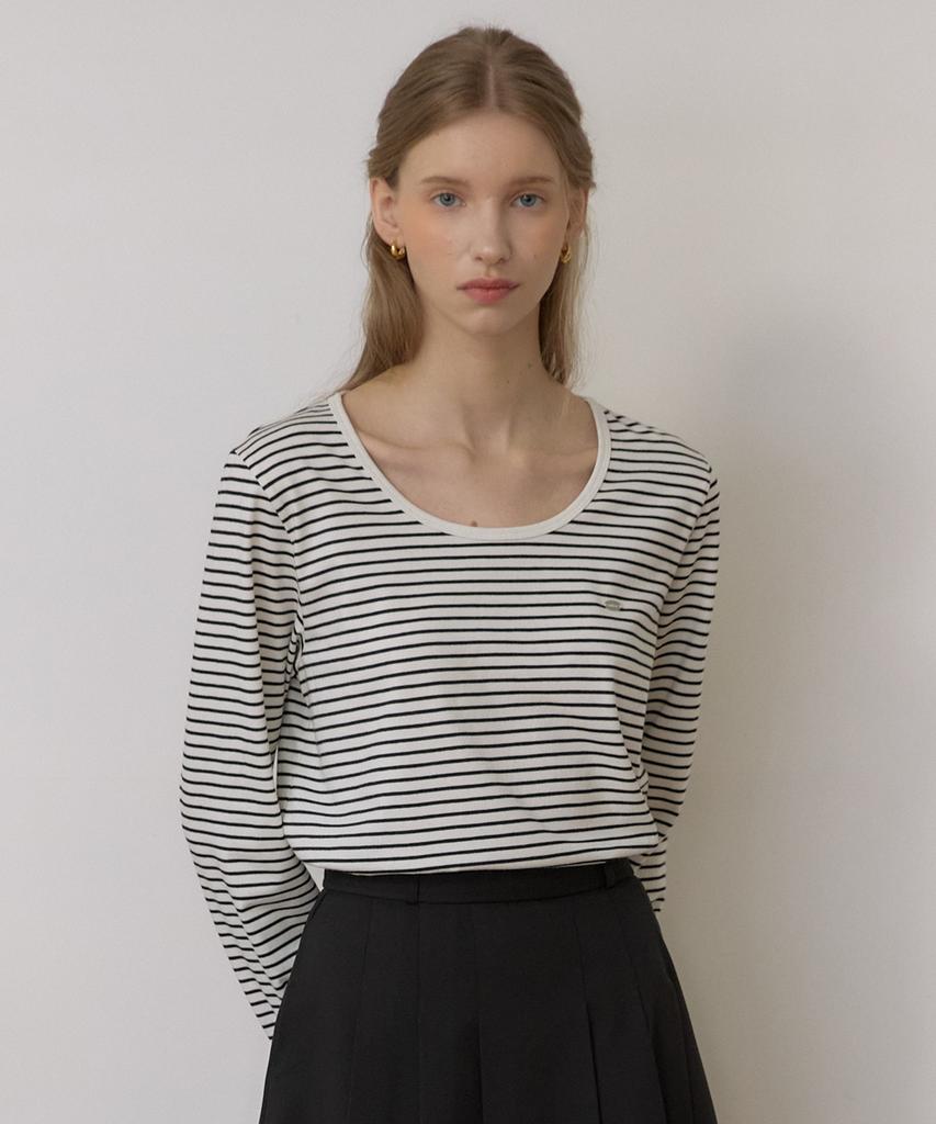 OURHOPE Logo Stripe U-Neck Sleeve T-Shirt - Black