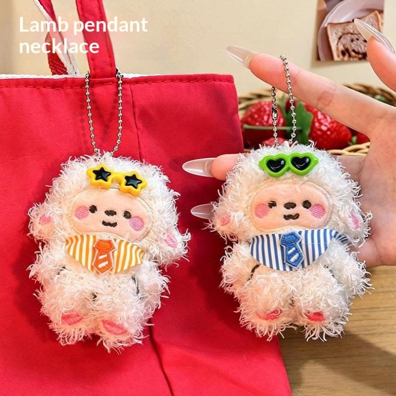 Plaid Lamb Plush Keychain Cute Cartoon Pendant Soft Touch Non-shedding for Bag Charm Daily Use Small Gift for Kids