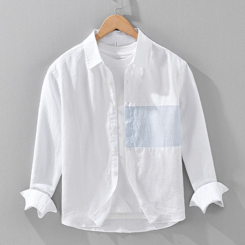 Foreign Trade Surplus Pure Linen Patchwork Long-Sleeve Shirt for Men, New Spring/Autumn Trendy Casual Retro Design Shirt